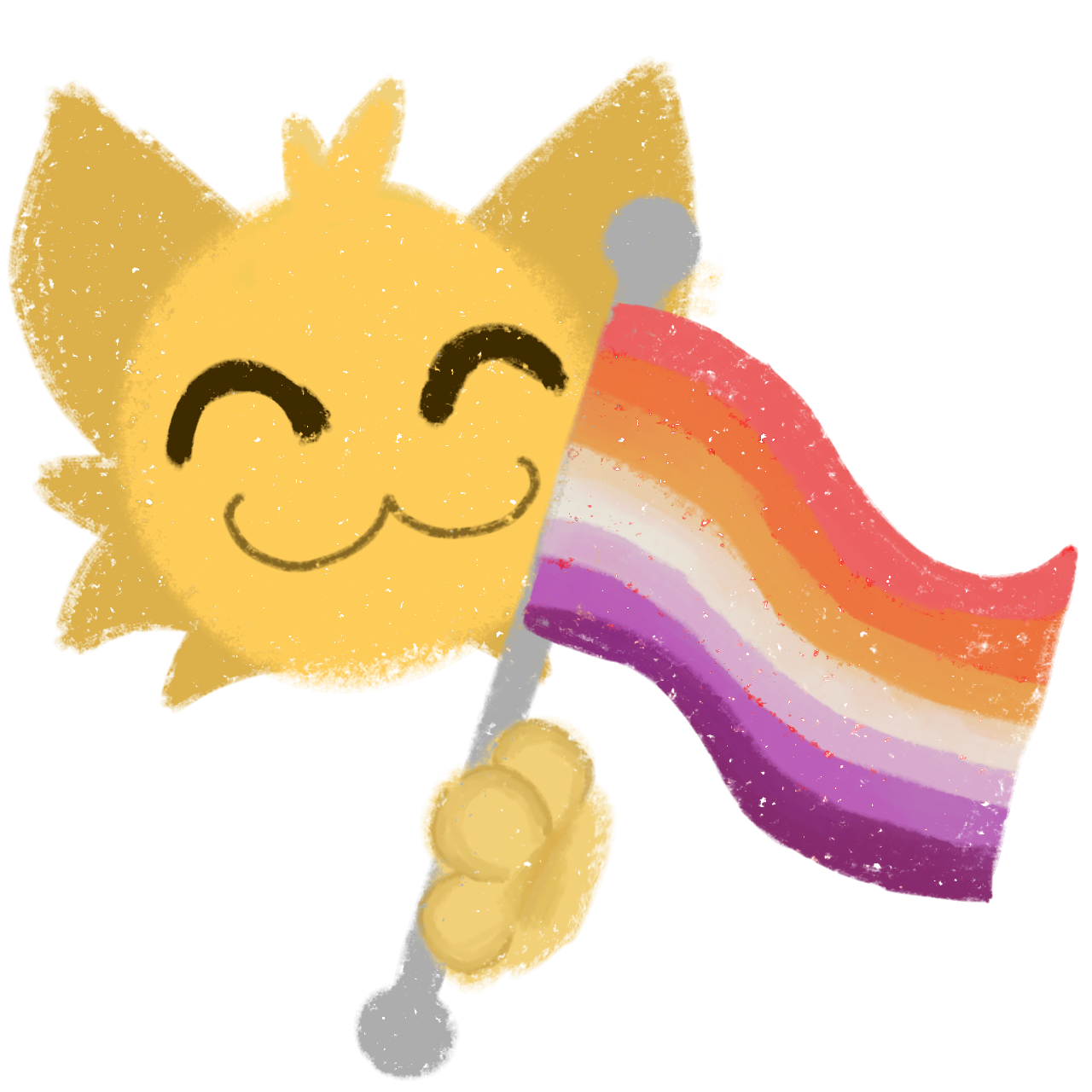 a cute, stylized, yellow cat-like character with a happy expression, holding lesbian flag, which includes a pretty ombre of pinks to purple, The cat character has round, simple facial features, and the image has a textured look.